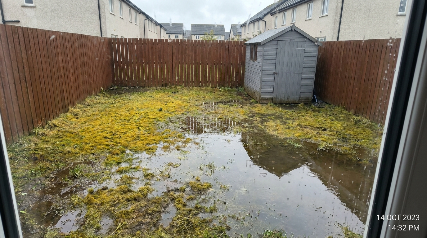 Waterlogged muddy back garden lawn with puddles in a Dublin suburban housing estate
