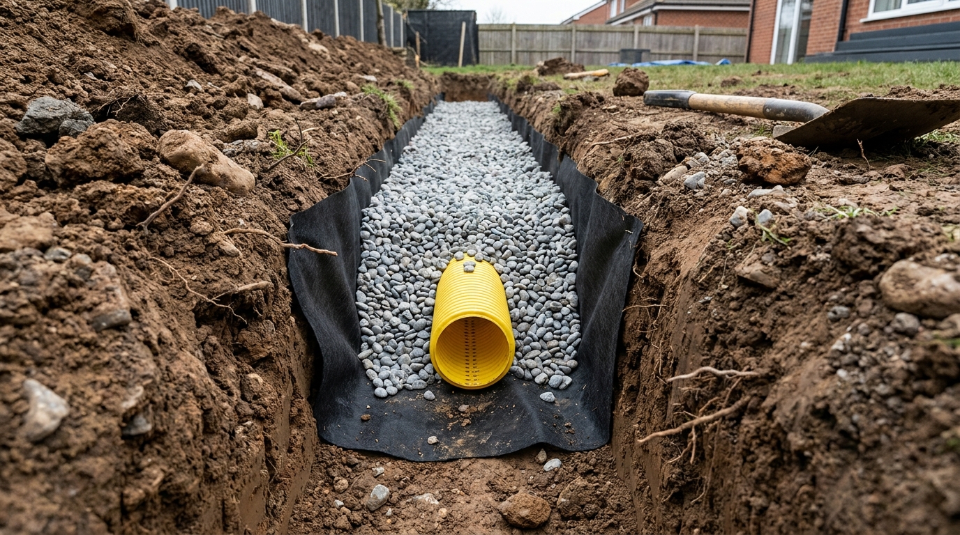 French drain trench excavation with land drainage pipe and round wash gravel bed