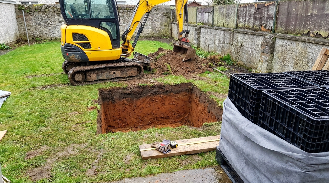 Contractor mini-digger excavating soakaway pit in heavy Dublin clay soil
