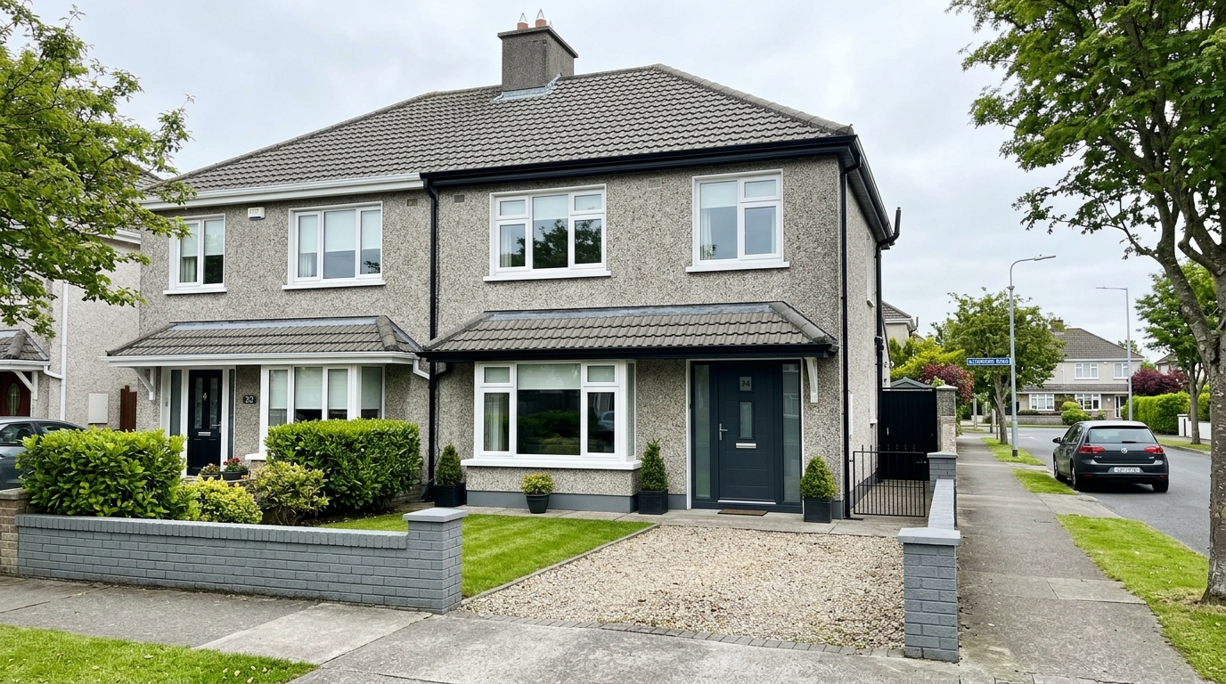A clean two-storey suburban house in Dublin with spotless gutters and moss-free tiled roof