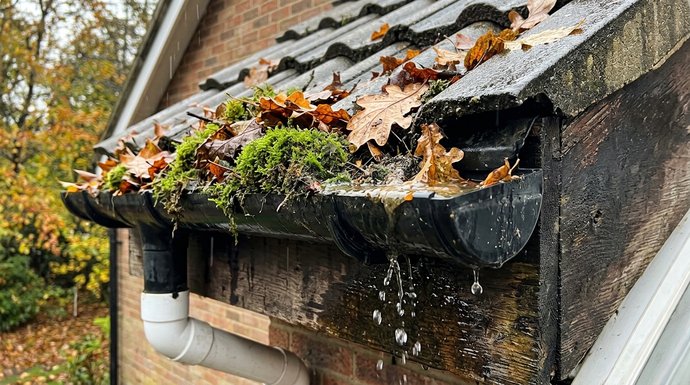 Close-up of a residential gutter blocked and overflowing with wet autumn leaves and soil