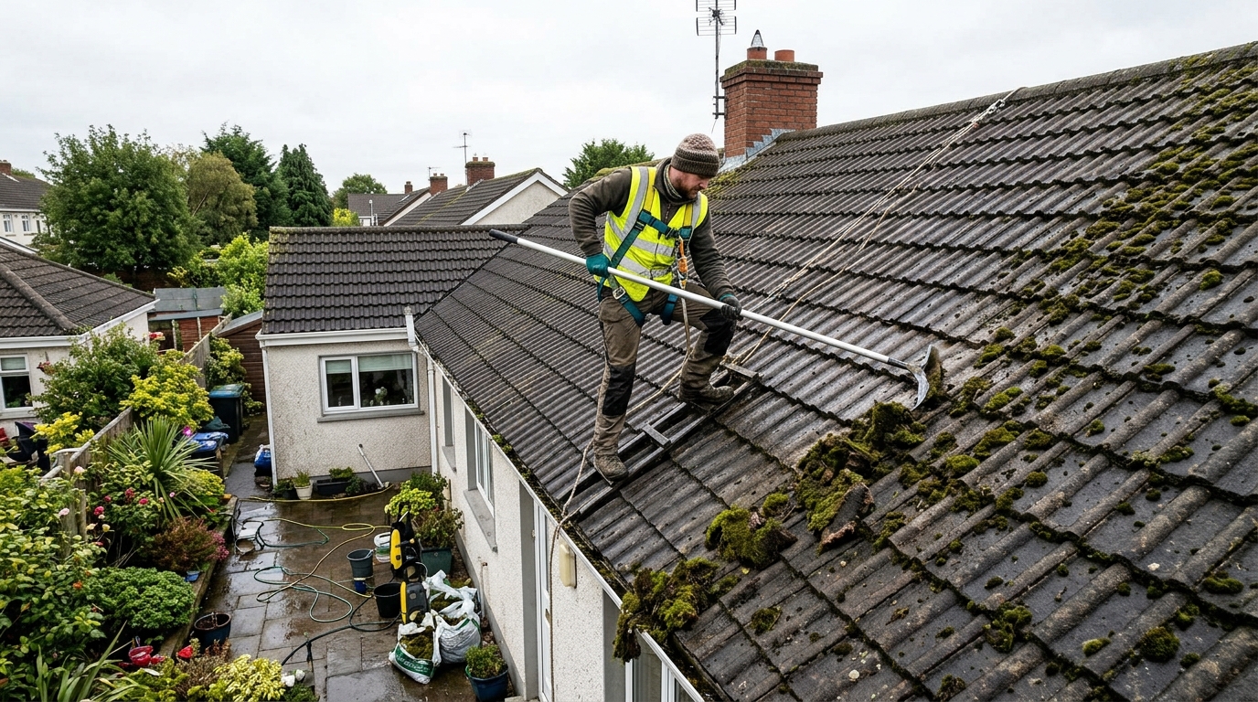 Worker cleaning moss off a tiled roof in Dublin using specialized manual scraping profile tools