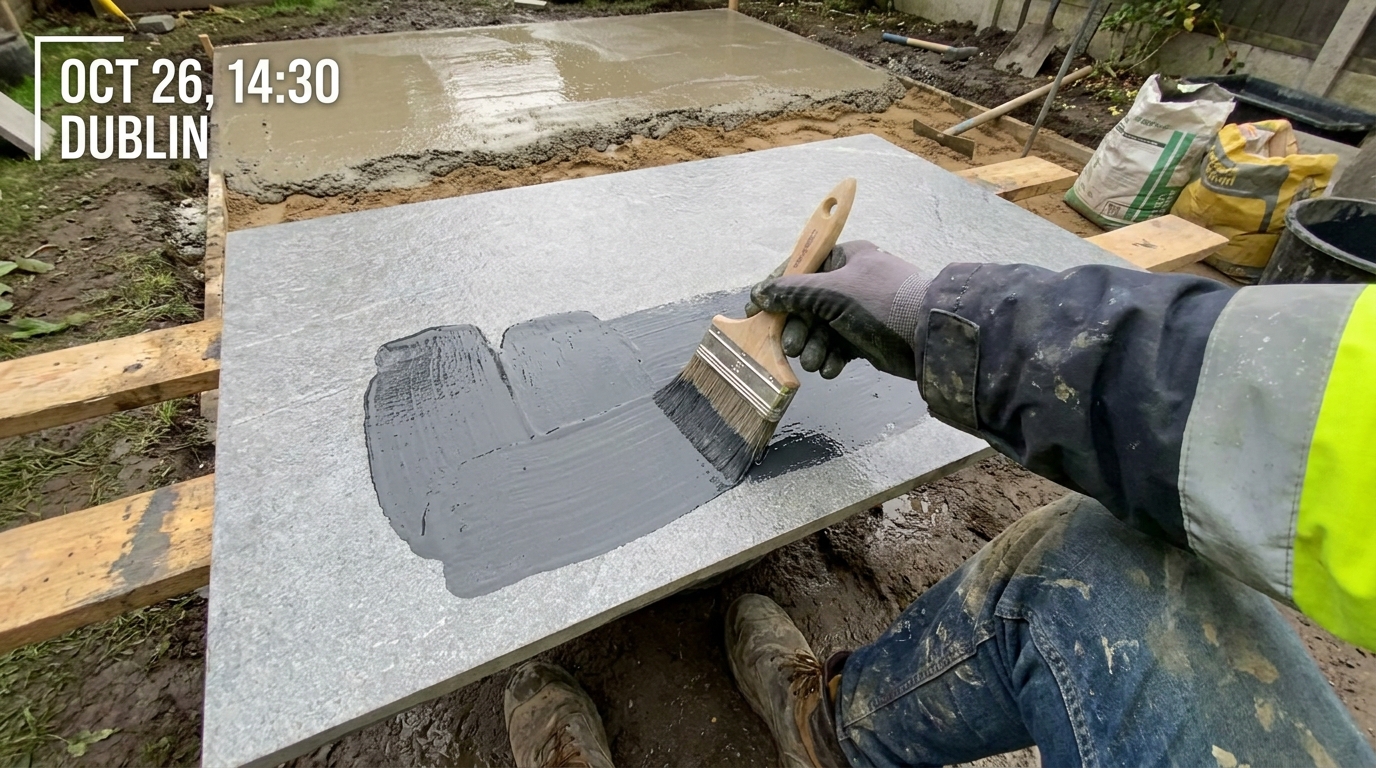 Contractor applying wet SBR priming slurry bond coat to the back of a porcelain slab