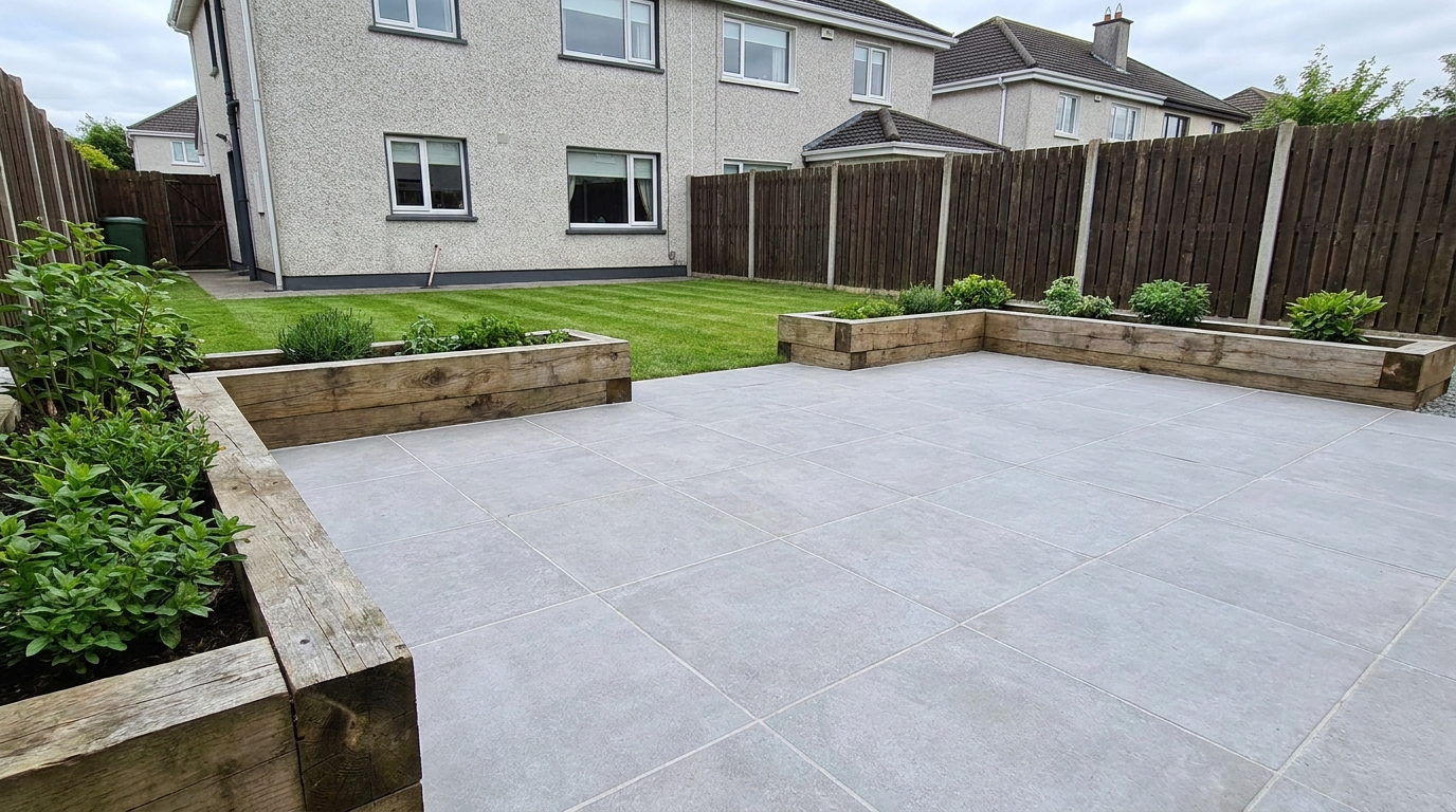 Completed modern silver-grey porcelain patio installation in a Dublin garden layout
