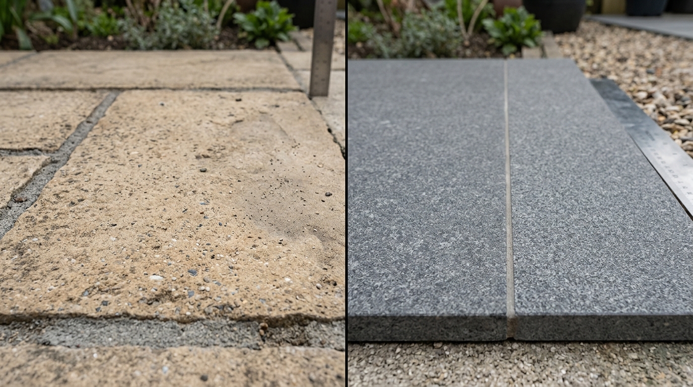 Comparison between textured concrete paving slab and matte vitrified porcelain tile