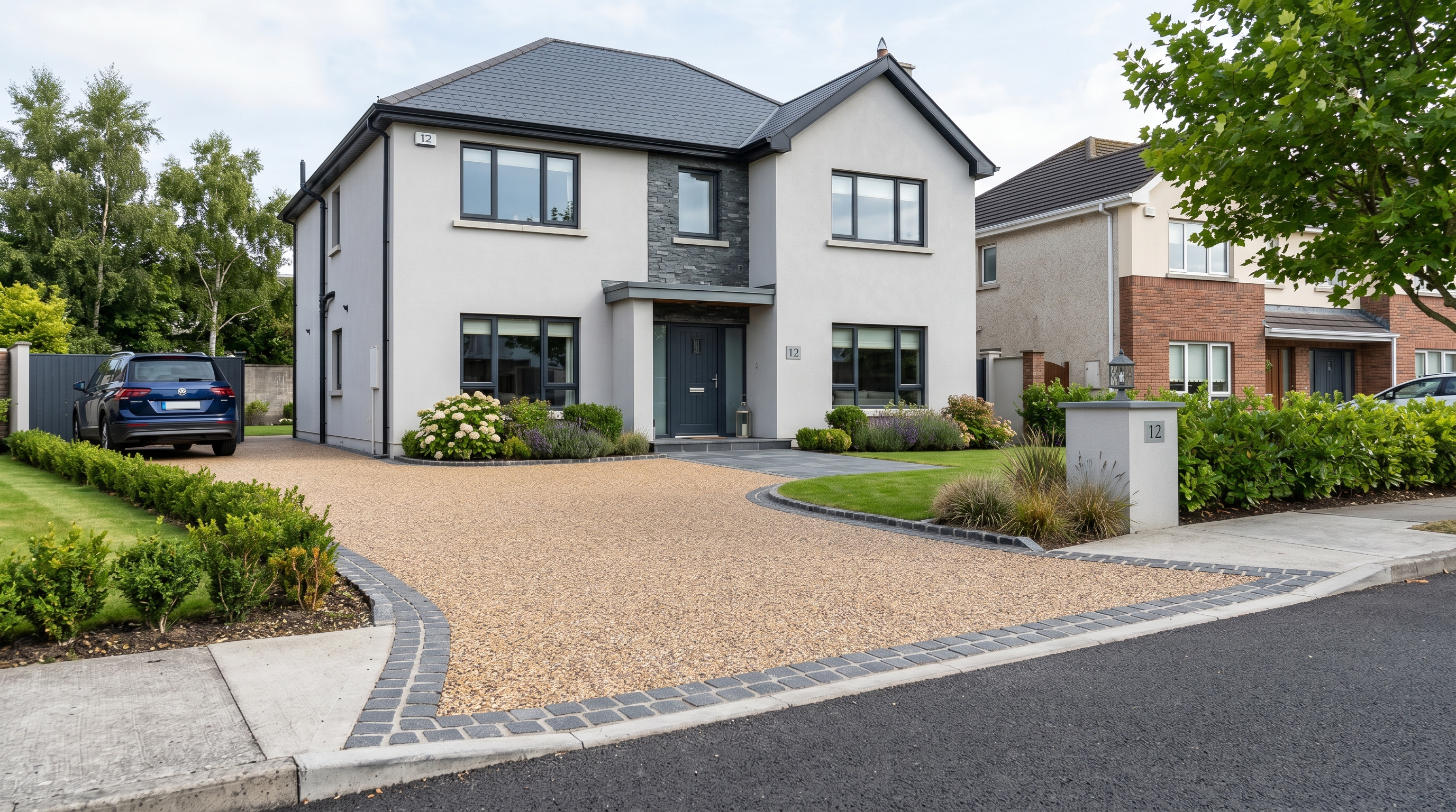 Completed Tar and Chip driveway in Dublin with Golden Flint and Silver Granite border