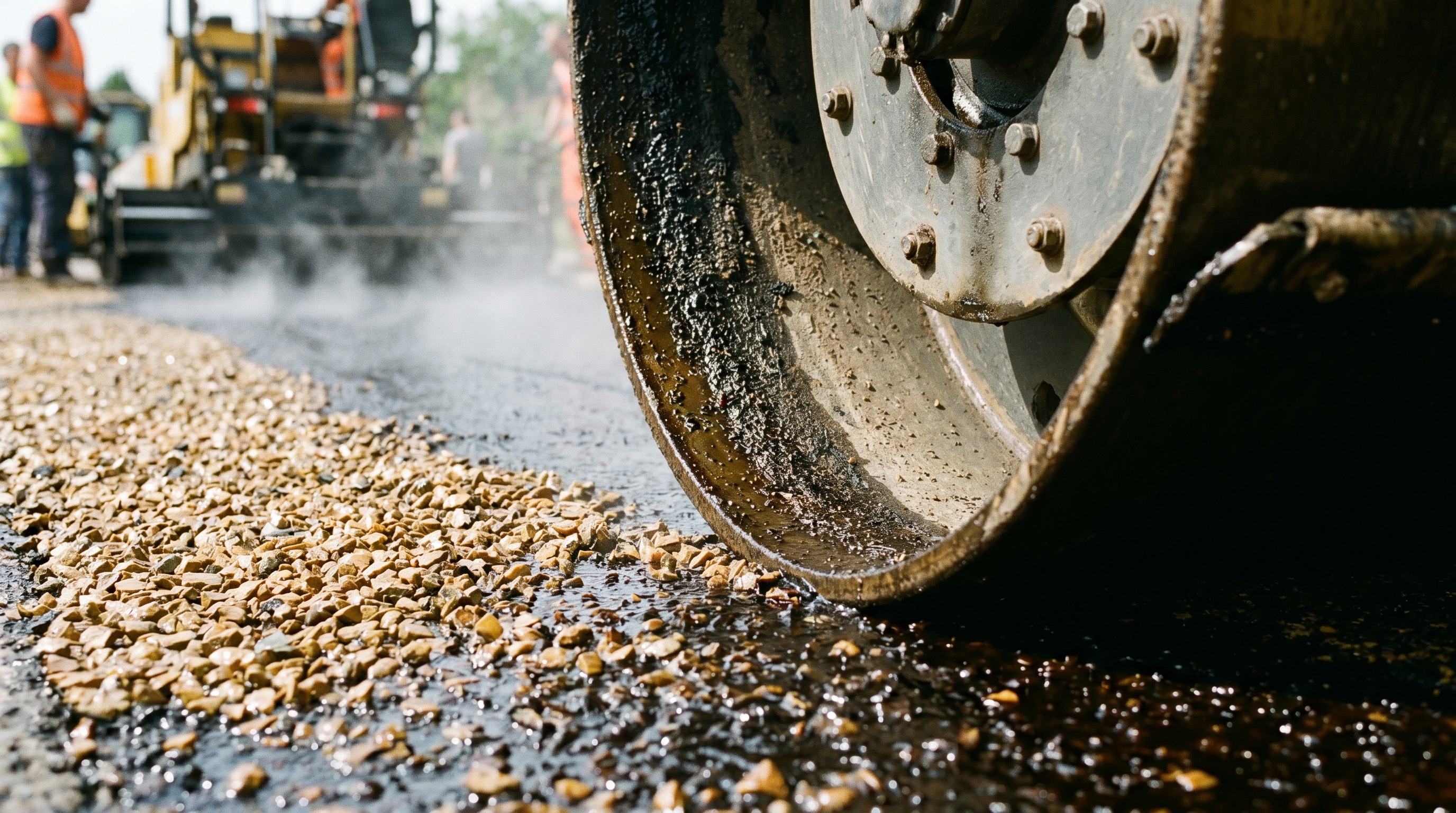 Power Paving roller compacting stone chips into hot tar during tar and chip driveway installation